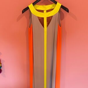 Colorblock Sleeveless Maxi Dress in Greige, Neon Orange & Yellow